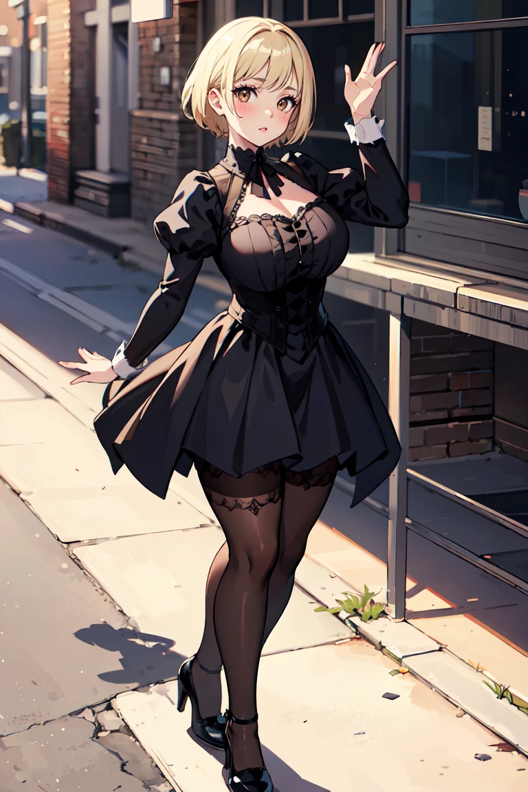 masterpiece, best quality, highly detailed background, perfect lighting, best quality, (extremely detailed face), volumetric lighting, intricate details, shadow, tonemapping, sharp focus, hyper detailed, trending on Artstation, (solo) ((Looking at the viewer)) .Girl with short blond hair. Brown eyes. curvy. Blush, Clear skin. Big bust.((Gothic dressed)). Gothic shoes. ((Gothic makeup)) ((neighborhood neighbor)) Dynamic pose