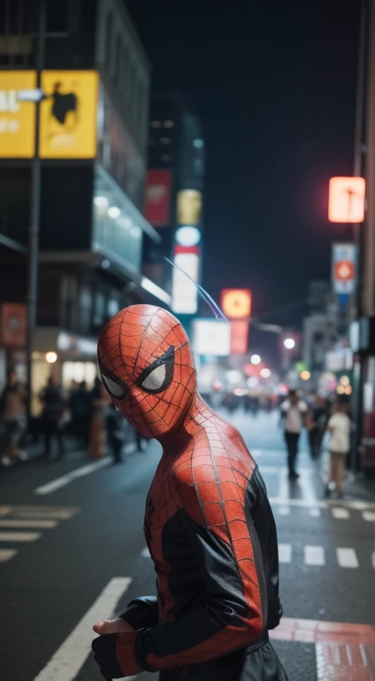 a malay teenage girl in hijab and spiderman suit standing in action in front of bustling kuala lumpur malaysia city streets, serious face, nighttime, 35mm lens, Extreme close-up, pastel color grading, depth of field cinematography effect, film noir genre, 8k resolution, high quality, ultra detail