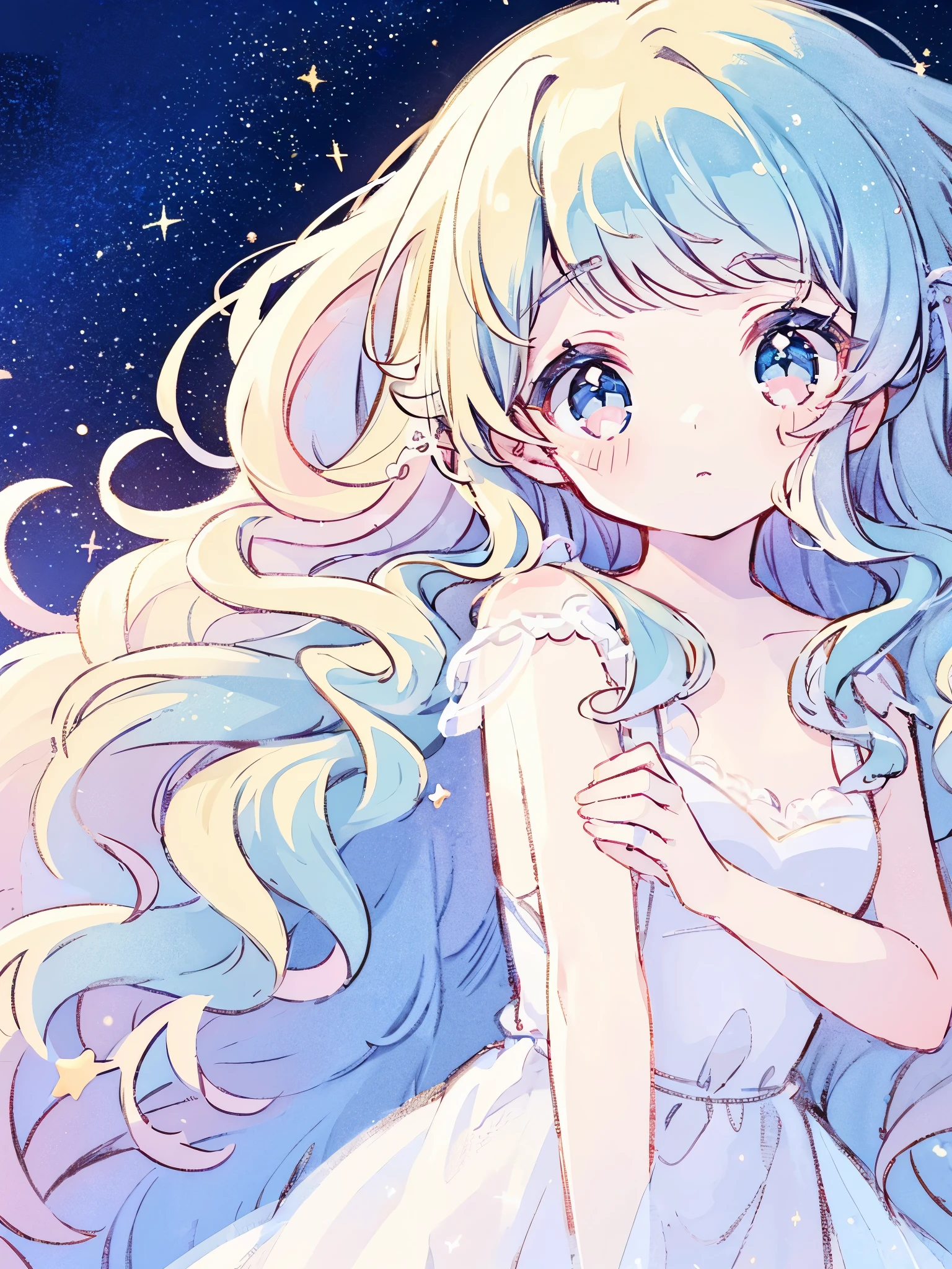 nude angel girl wearing an ethereal translucent dress, pale skin, ((blue mint wavy hair)), white feathers, angel wings, sparkling detailed eyes, golden ratio face, perfect composition, highly detailed, ethereal, (starry night sky background), midjourney style