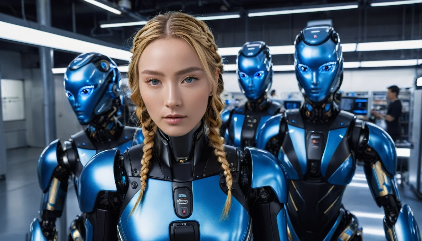 Dr. Sam, a 25-year-old woman from Oslo, Norway, boasts golden braided hair that cascades down her shoulders. She stands in the heart of a Japanese blue and silver science lab, surrounded by lifelike android robots. Dressed in a black and chrome Scorpion battle suit, she works diligently on her Scorpion robots, each robot's detailed eyes and hyper-realistic face capturing the essence of her craftsmanship. Her symmetrical features are highlighted by the chiaroscuro lighting, and her textured skin gleams under the professional makeup that accentuates her beauty. With the Canon EOS R8 f/2