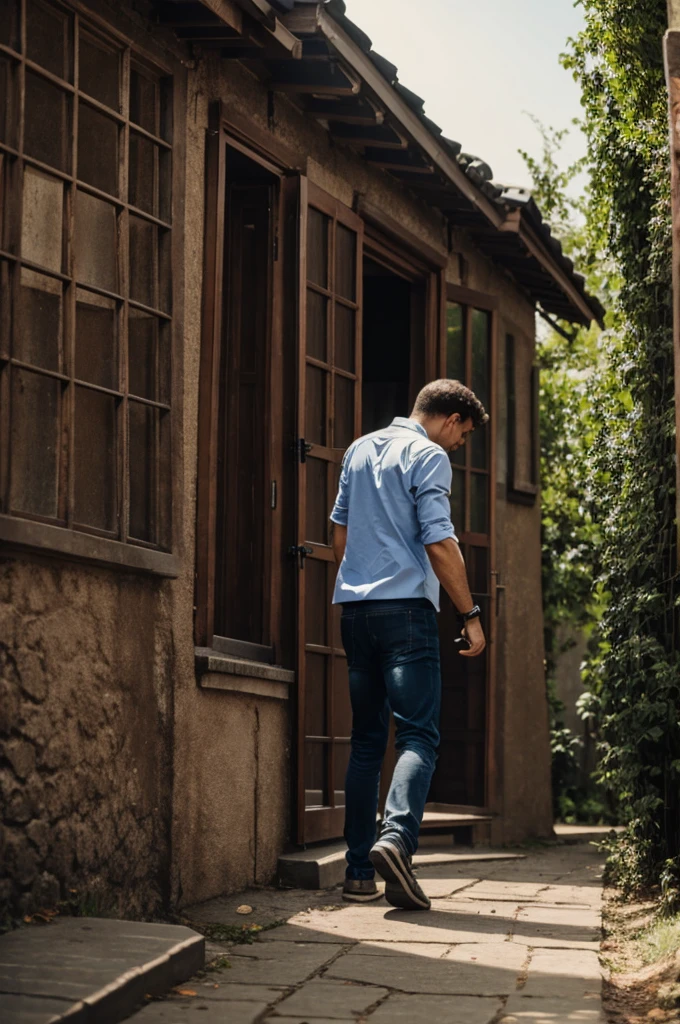The thief runs out of the house and looks back at the  man with a phone 