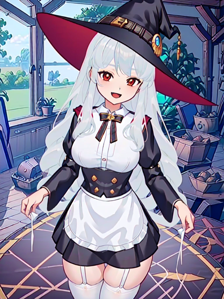 (masterpiece, best quality, 8k, highly detailed, highres, ultra-detailed, perfect eyes), 1girl, solo,  red eyes, white long hair, ((maid uniform)), thighhighs, (cowboy shot), witch hat , big breast, maid uniform, big ass, smile, shy