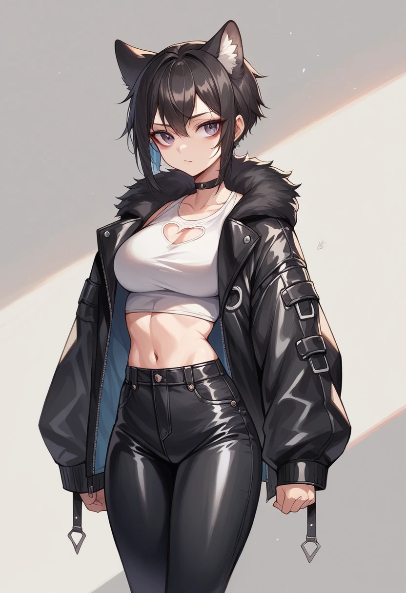 Tone Damli in a black puffer jacket and black leather pant