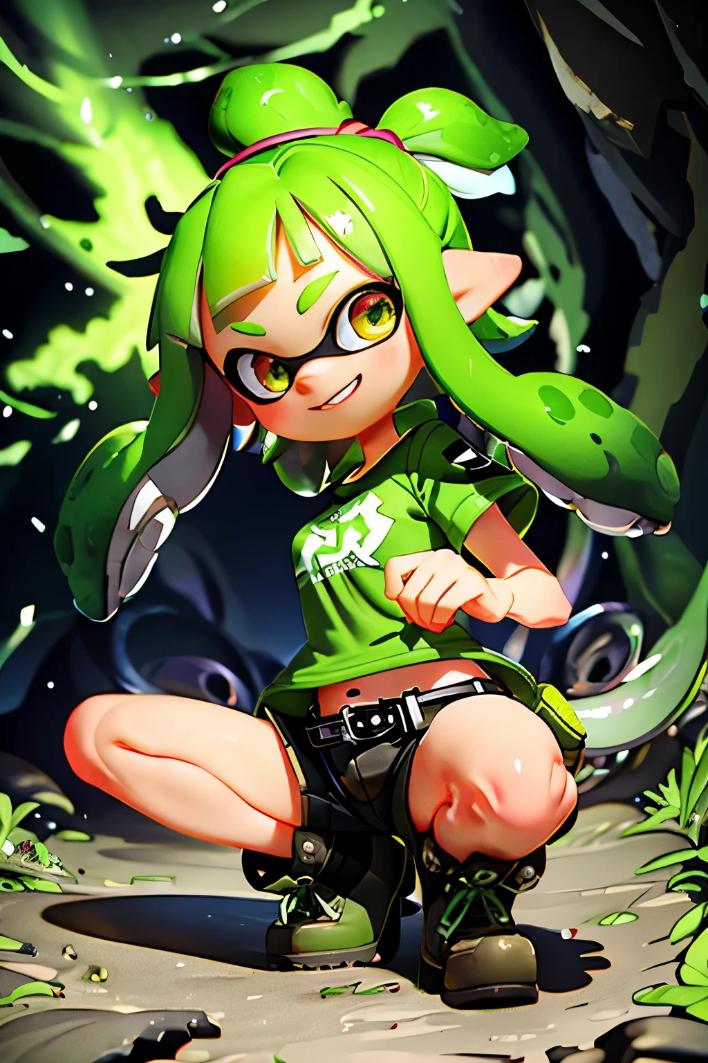 Boots Nutz, Tucked in shirt, Green short shirt, T-Shirts, Camouflage shorts, Black belt, Belt Buckle, ((One Splatoon girl)), squat, (Inside the cave:1.2), rock, crystallization, View your viewers, Golden Eyes、Toothy smile、Multicolored tentacle hair、Prism Gradient Tentacle Hair、Inside the cave with its wide open space、Wide-angle lens、An exit to the outside in the distance、A streak of light shining through、