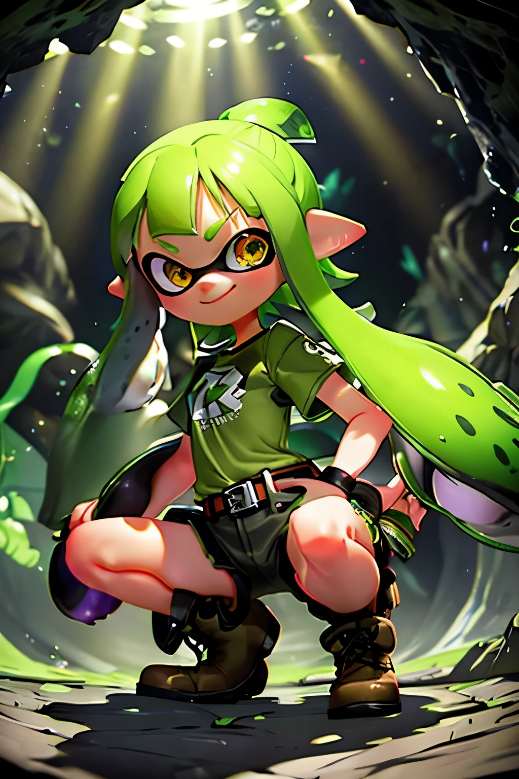 Boots Nutz, Tucked in shirt, Green short shirt, T-Shirts, Camouflage shorts, Black belt, Belt Buckle, ((One Splatoon girl)), squat, (Inside the cave:1.2), rock, crystallization, View your viewers, Golden Eyes、Toothy smile、Multicolored tentacle hair、Prism Gradient Tentacle Hair、Inside the cave with its wide open space、Wide-angle lens、An exit to the outside in the distance、A streak of light shining through、