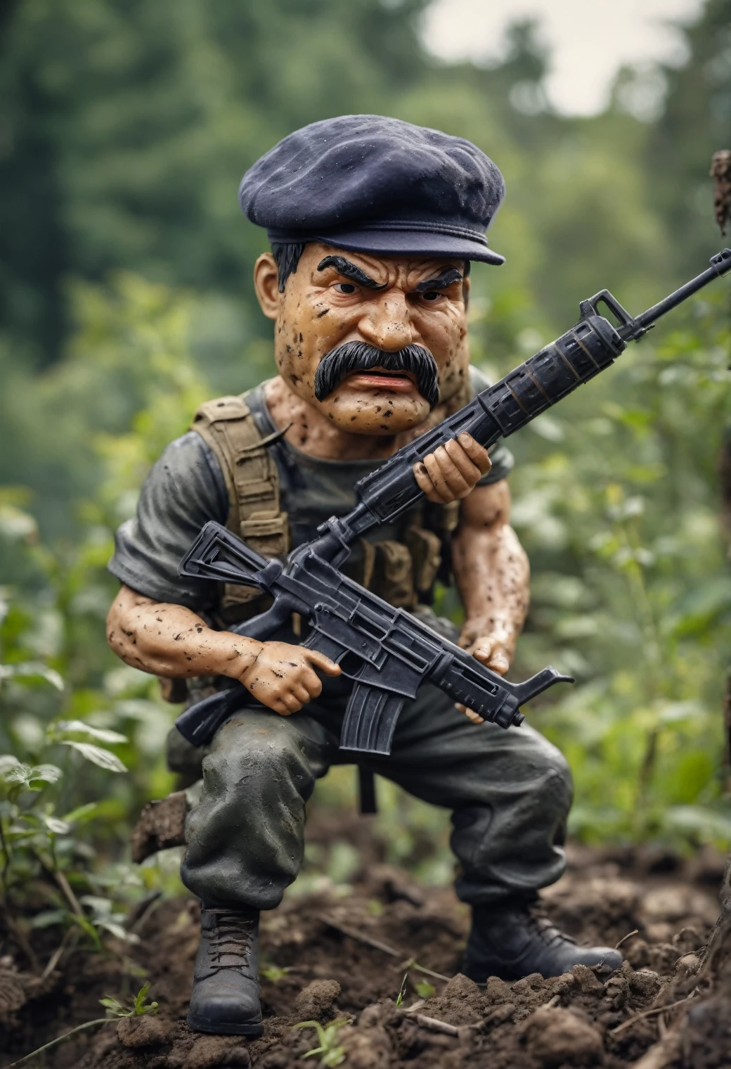 realistic view of Potato character in 3d cartoon style, Powerful design, ( Potato character :2) (beret) during war、After the battle、Sitting on the roots, tired, Looks like Rambo, He is holding a black assault rifle with a serious expression on his face., anger, shout, Fucking War, Garden Background, Color graded film-like, Tilt Shift, Vignette, Bokeh, Shadow Depth of Field, Complex