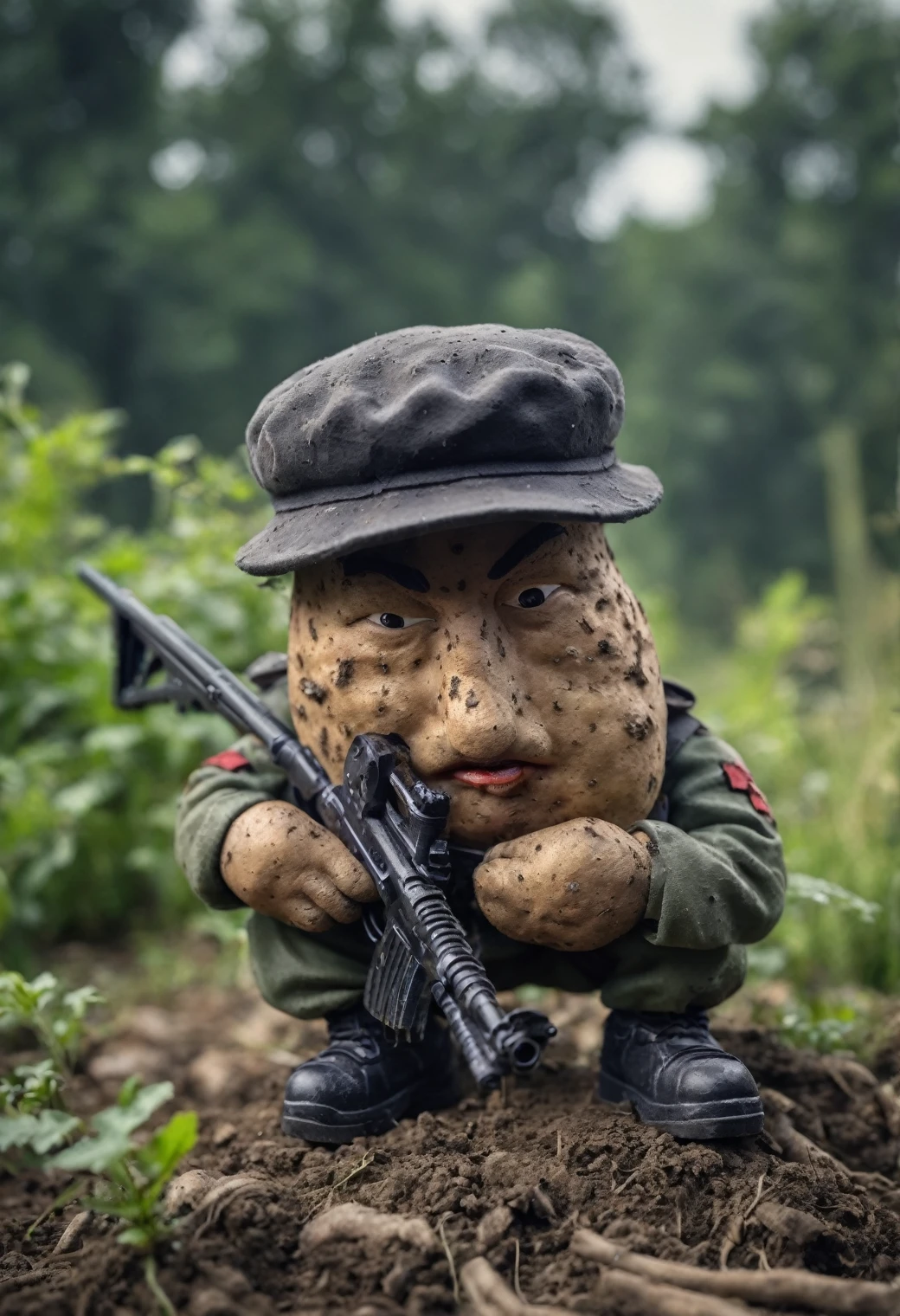 realistic view of Potato character in 3d cartoon style, Powerful design,  ( Potato character :2) (beret) during war、After the battle、Sitting on the roots, tired, Looks like Rambo, He is holding a black assault rifle with a serious expression on his face., anger, shout, Fucking War, Garden Background, Color graded film-like, Tilt Shift, Vignette, Bokeh, Shadow Depth of Field, Complex