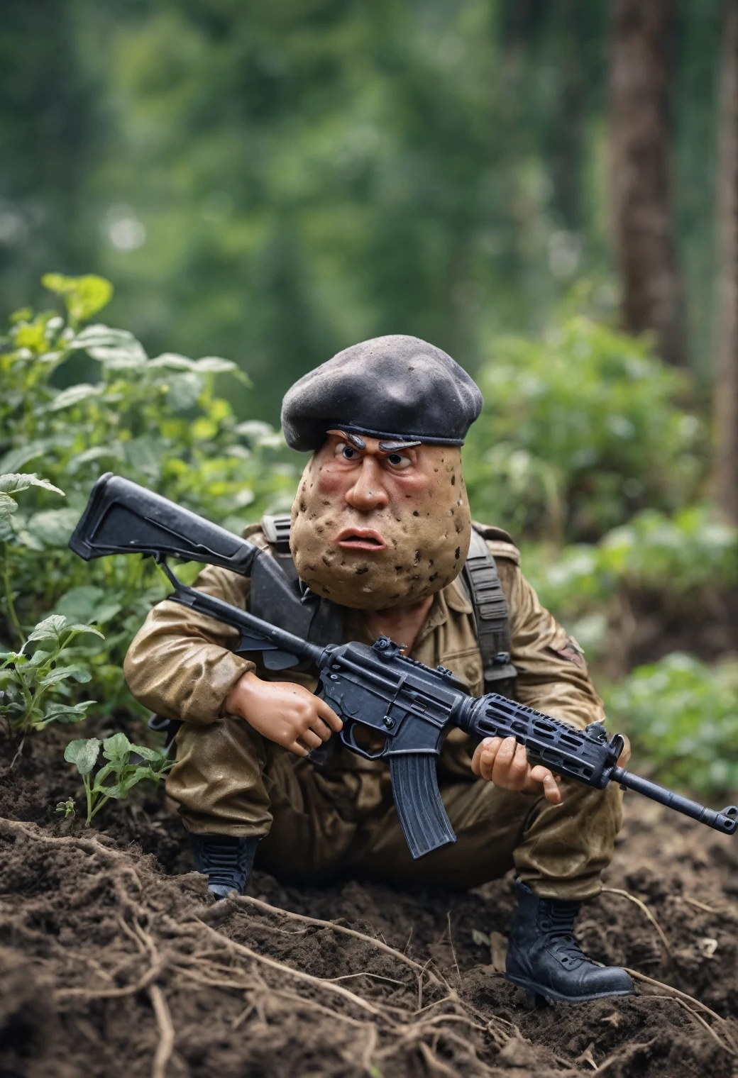 realistic view of Potato character in 3d cartoon style, Powerful design, ( Potato character :2) (beret) during war、After the battle、Sitting on the roots, tired, Looks like Rambo, He is holding a black assault rifle with a serious expression on his face., anger, shout, Fucking War, Garden Background, Color graded film-like, Tilt Shift, Vignette, Bokeh, Shadow Depth of Field, Complex