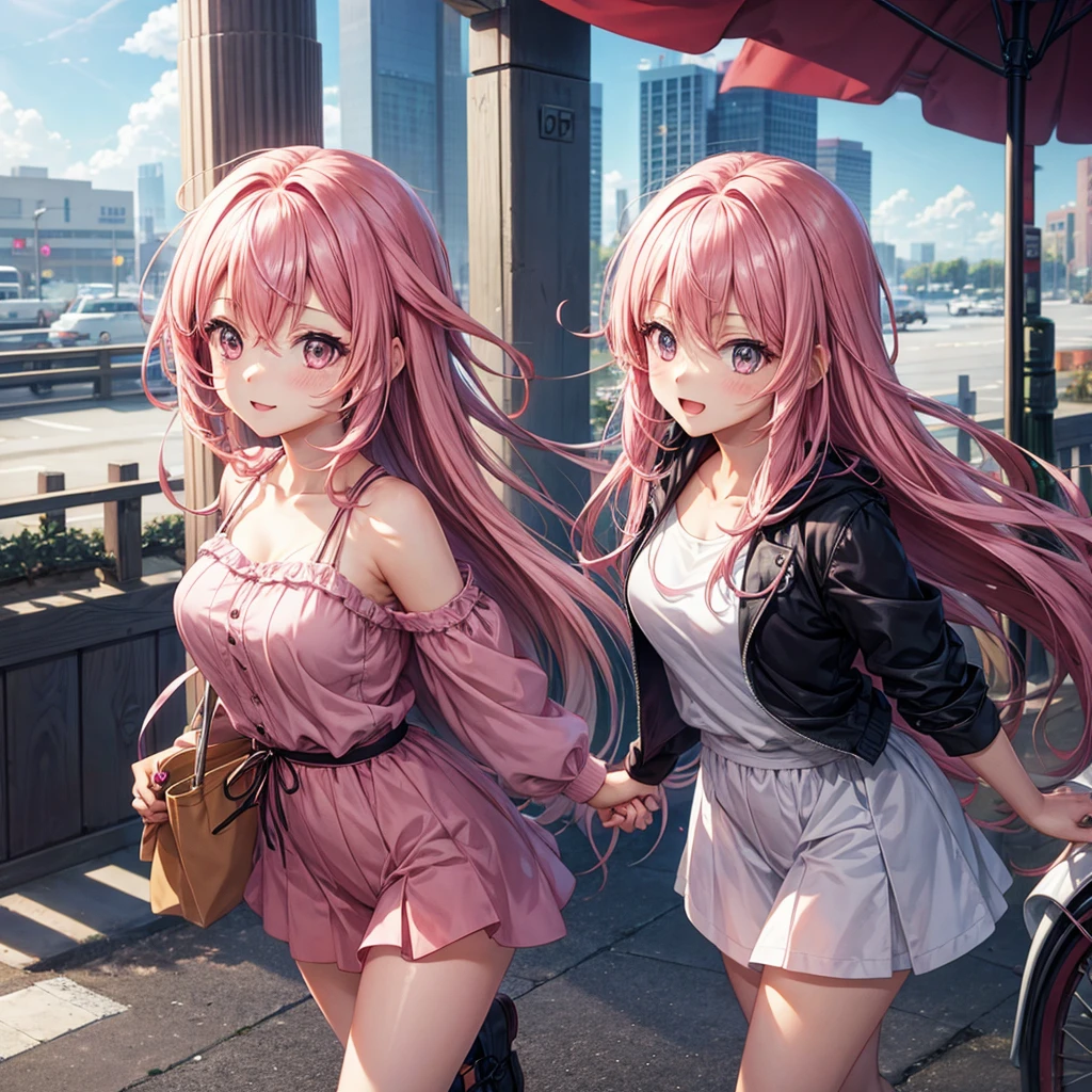 pastel pink hair、pink and light pink eyes、Voluptuous braid、one good looking girl、solo、anime、Plaid miniskirt、camisole、black t-shirt、Tilting your face、Doing the ribbon、Ribbon at waist、Raising legs、cloak、the ground is cracked、Crystal Grotto、wearing a hood、look back、bullet