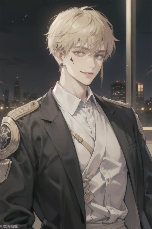 Semi realism artstyle, handsome male around 18 age. Dirty blonde short hair with parted curtain bangs, race asian mixed with caucasian feature, pale medium skin, black eyes, pierced ears with black earrings. Japanese , A bandage wound in face. Make the background night street with dim light and smirking to the front ((best quality)) 