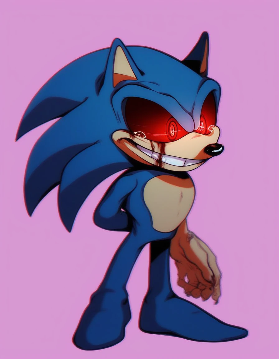 spoopy_sonic, solo, smile, simple background, red eyes, 1boy, animal ears, blue hair, standing, full body, male focus, glowing, glowing eyes, furry, purple background, furry male, body fur, animal nose, blue fur, sonic the hedgehog, short, scary eyes, bloody tears, desaturated fur, two-tone fur