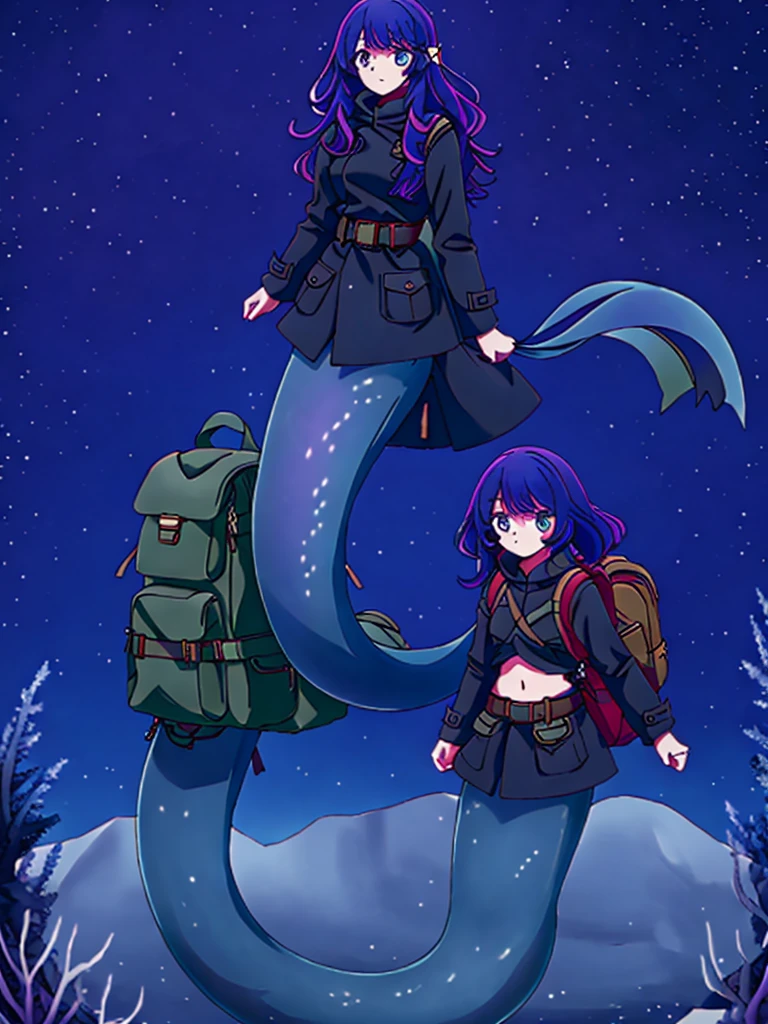 (mermaid:1.0), full body, masterpiece, best quality, 1girl, ,looking at viewer, tall, solo,military,tactical coat,belt,backpack,saddle bag, fins, midriff