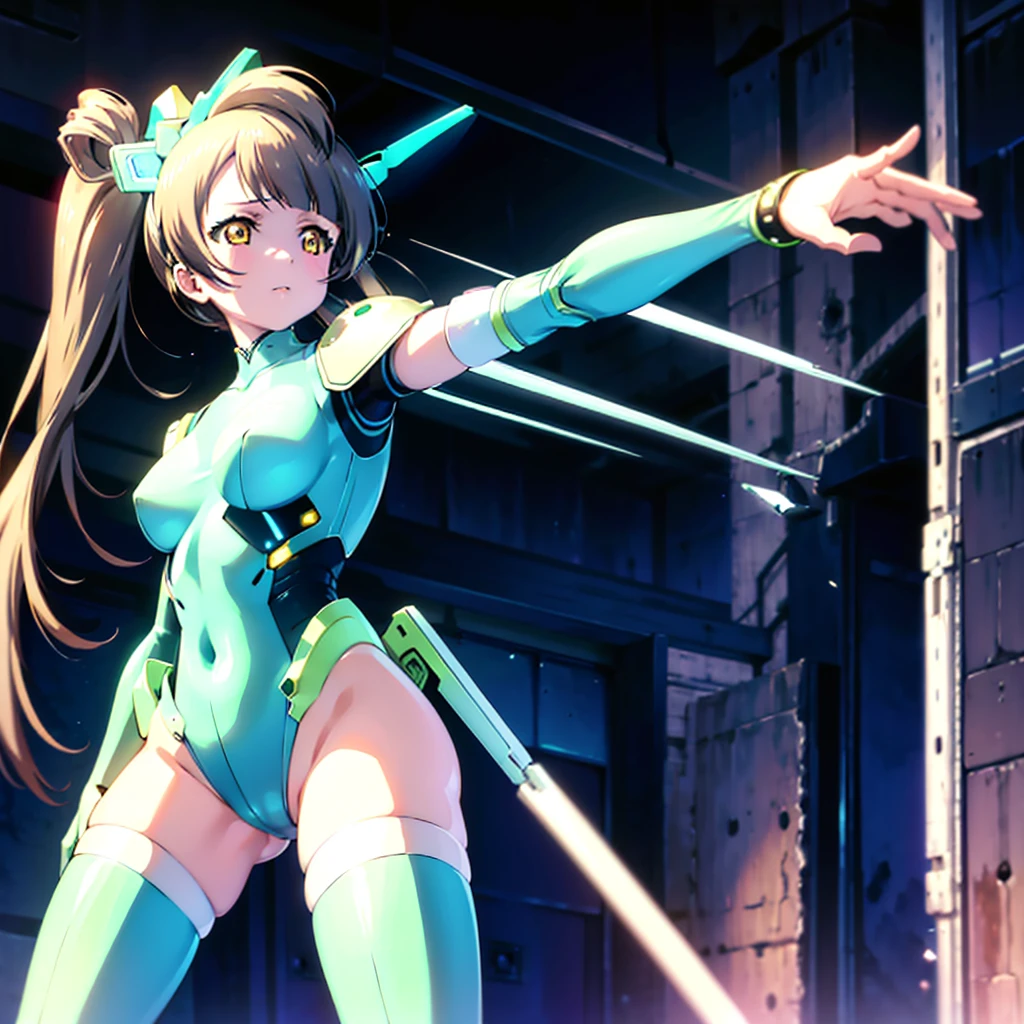 masterpiece, high quality, Minami Kotori, a cyborg girl with a mechanical body、Gynoid cyborg body modification surgery、Blue and white leotard armor、A precisely mechanized body、Single image、from the front,Put the whole body