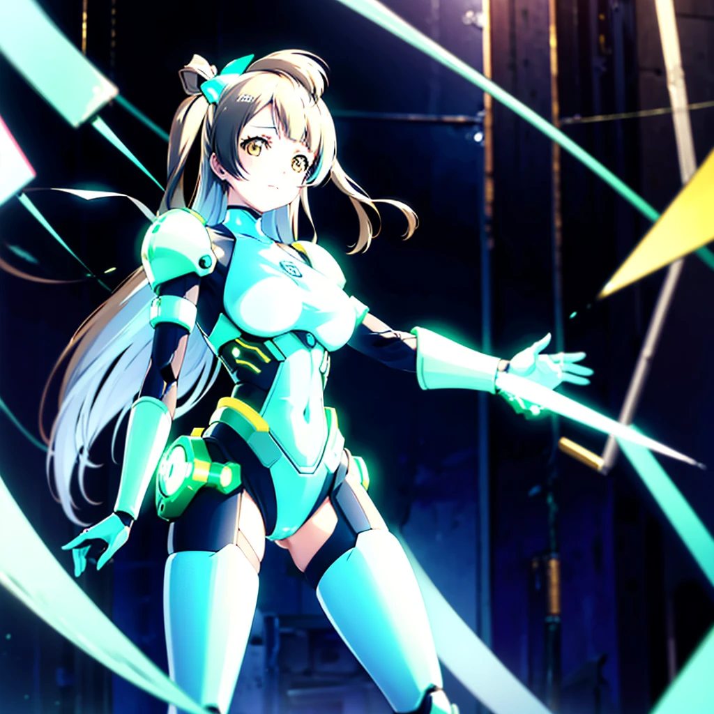 masterpiece, high quality, Minami Kotori, a cyborg girl with a mechanical body、Gynoid cyborg body modification surgery、Blue and white leotard armor、A precisely mechanized body、Single image、from the front,Put the whole body