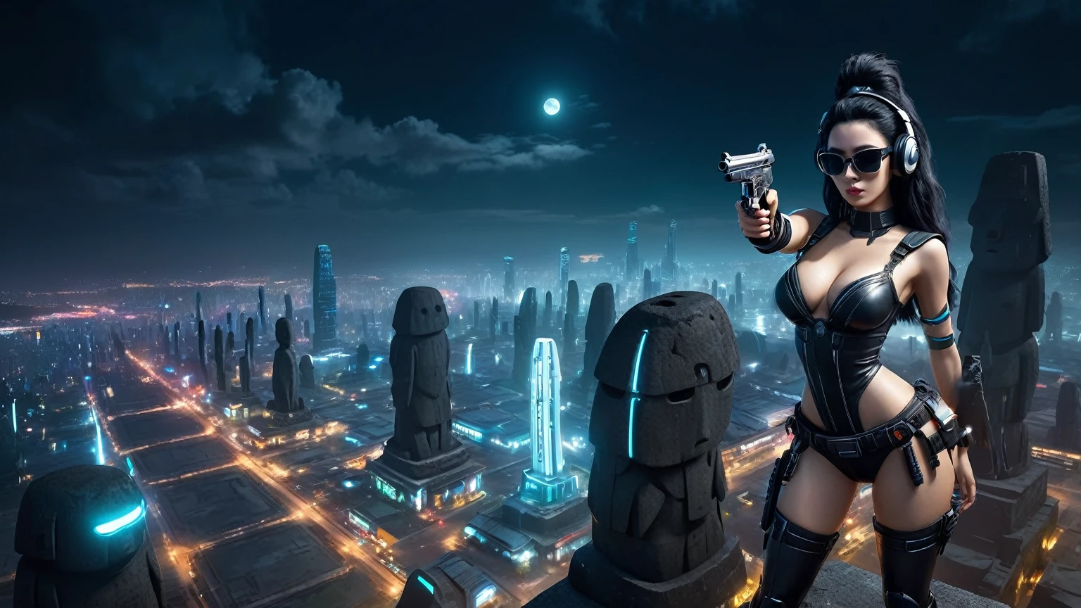 At night, dark sky, distant shot aerial view of fantasy cyberpunk style ((Moai-statue)) city, ((flying vehicle)). ((1girl, solo, alone)), medium-breast:1.1 slim body, cleavage, sexy clothes, (headphone, black sunglasses, long black realistic hair), (((hip-up standing and holding pistol))), half-body thigh level medium shot, cinematic lighting.