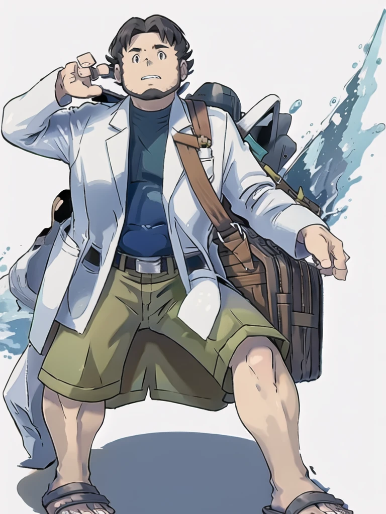 ProfessorBirch, solo, simple background, shirt, long sleeves, 1boy, standing, full body, male focus, parted lips, open clothes, shorts, teeth, belt, bag, black eyes, coat, toes, transparent background, sandals, blue shirt, clenched hand, legs apart, open coat, shoulder bag, labcoat, white coat, green shorts