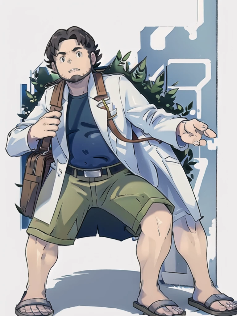 ProfessorBirch, solo, simple background, shirt, long sleeves, 1boy, standing, full body, male focus, parted lips, open clothes, shorts, teeth, belt, bag, black eyes, coat, toes, transparent background, sandals, blue shirt, clenched hand, legs apart, open coat, shoulder bag, labcoat, white coat, green shorts