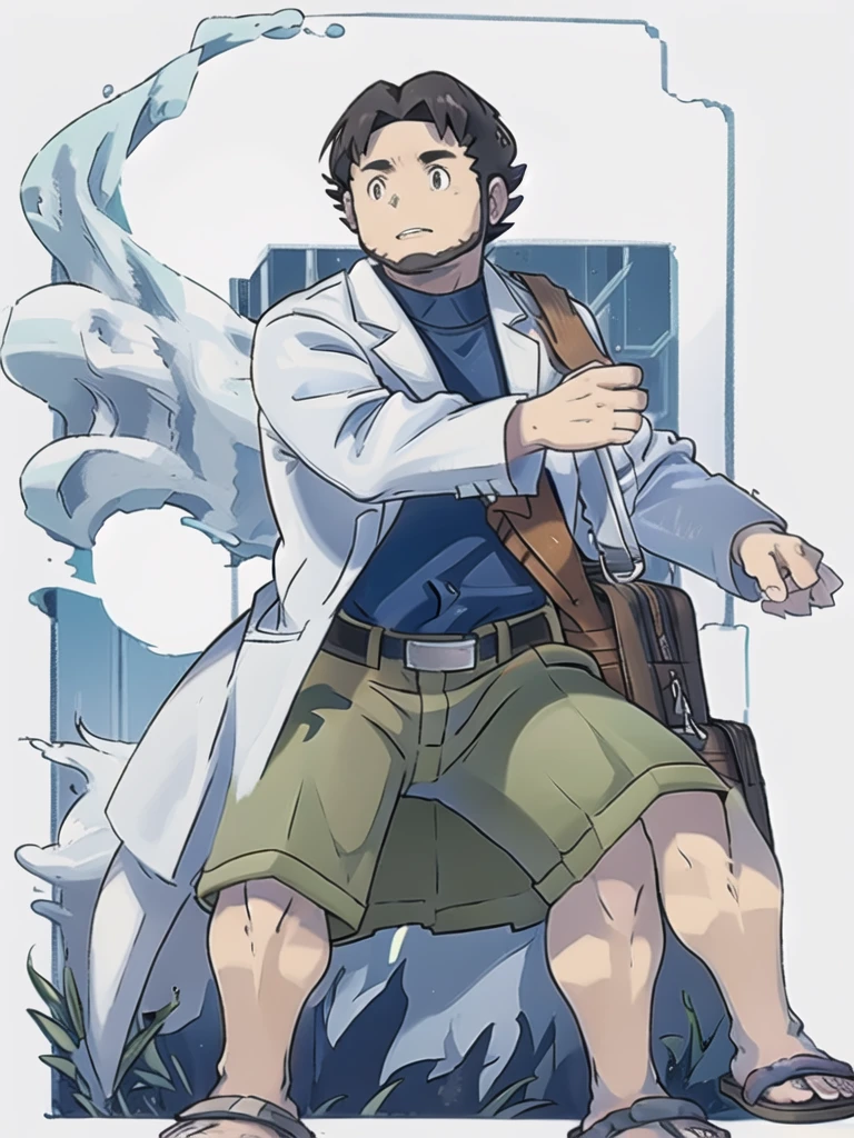 ProfessorBirch, solo, simple background, shirt, long sleeves, 1boy, standing, full body, male focus, parted lips, open clothes, shorts, teeth, belt, bag, black eyes, coat, toes, transparent background, sandals, blue shirt, clenched hand, legs apart, open coat, shoulder bag, labcoat, white coat, green shorts