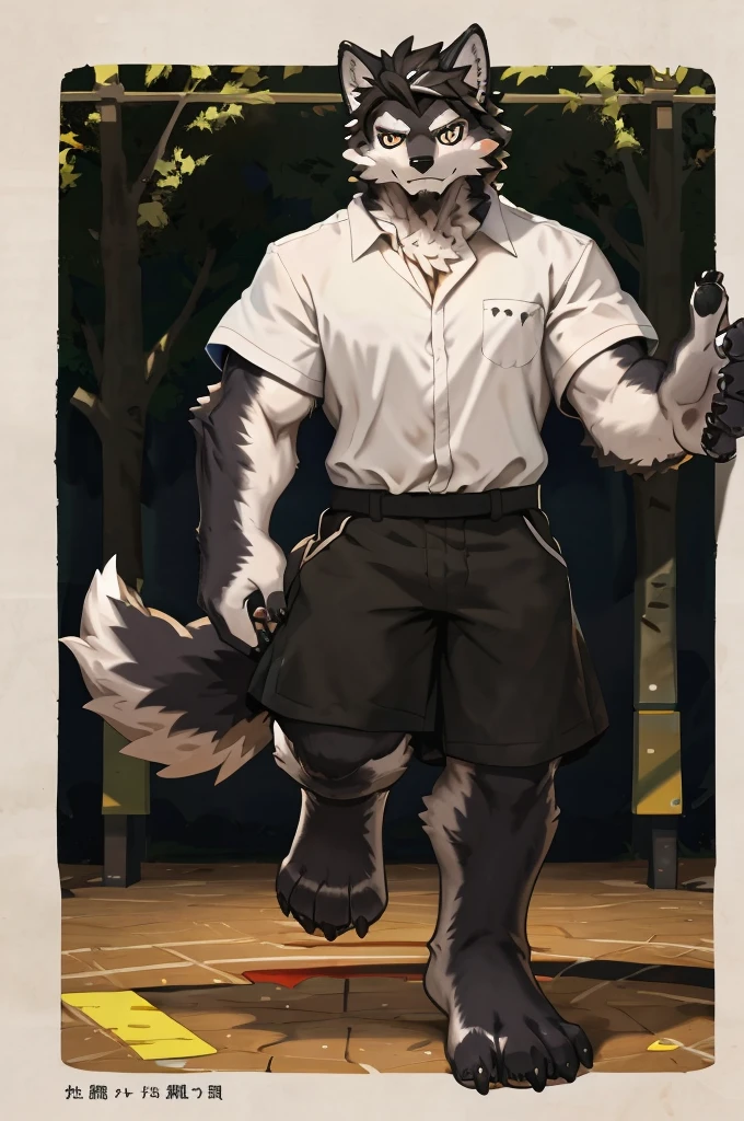 (Strong arms),(Strong legs),masterpiece, best quality, Official Art, Extremely detailed CG unified 8k wallpaper, Ultra Detailed, Best Illustration, , Ink fur, hairy male, Wolf Boy, hairy, Ink fur, 1 Boy,, male focus,, Striped hair, Wolf ears, Animal ears, Single speaker, Ink fur, Bangs, dark hair, White highlights, Medium Hair, Solitary, Ink tail,hairy尾巴,(Black pupil),High target,(In a school playground),,barefoot,(Sexy),((High target and strong)),side,(Delicate eyes:1.2),Inky eyes,male,Solitary,(Inky pupils),(Detailed face),(Sharp eyes),Permanent,(Detailed hands),(Foot details),aldult,type,Moderate,Long legs,(Detailed fingers),(Delicate eyes),(White shirt),(Black shorts),easy,