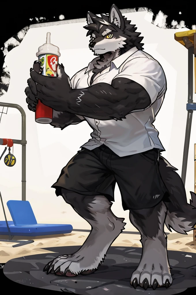 (Strong arms),(Strong legs),masterpiece, best quality, Official Art, Extremely detailed CG unified 8k wallpaper, Ultra Detailed, Best Illustration, , Ink fur, hairy male, Wolf Boy, hairy, Ink fur, 1 Boy,, male focus,, Striped hair, Wolf ears, Animal ears, Single speaker, Ink fur, Bangs, dark hair, White highlights, Medium Hair, Solitary, Ink tail,hairy尾巴,(Black pupil),High target,(In a school playground),,barefoot,(Sexy),((High target and strong)),side,(Delicate eyes:1.2),Inky eyes,male,Solitary,(Inky pupils),(Detailed face),(Sharp eyes),Permanent,(Detailed hands),(Foot details),aldult,type,Moderate,Long legs,(Detailed fingers),(Delicate eyes),(White shirt),(Black shorts),easy,