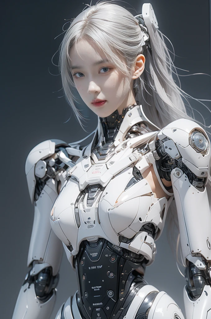 {{best quality, 1080P, Masterpiece, Ultra high resolution, photorealistic, ultra realism, Realistic skin texture, Extreme skin detail, dslr, Detailed eyes,  Facing the camera, very beautiful face, Concise facial structure, Pale skin, Realistic skin texture, Extreme skin detail, oc render reflection textures, Realistic light and shadow, Single picture, alone, gray hair, The body is slim and balanced., 0, Height 170, naked, Nude, sexye, no erwear, A girl with the body of a mechanical robot., Transparent futuristic black glass mech armor suit, The mechanical cervix is attachehe neck., The robot circuit is stuck in the middle of the back., flat stomach, Girl with perfect robot arms and legs, full body view, Whole body photo.}}