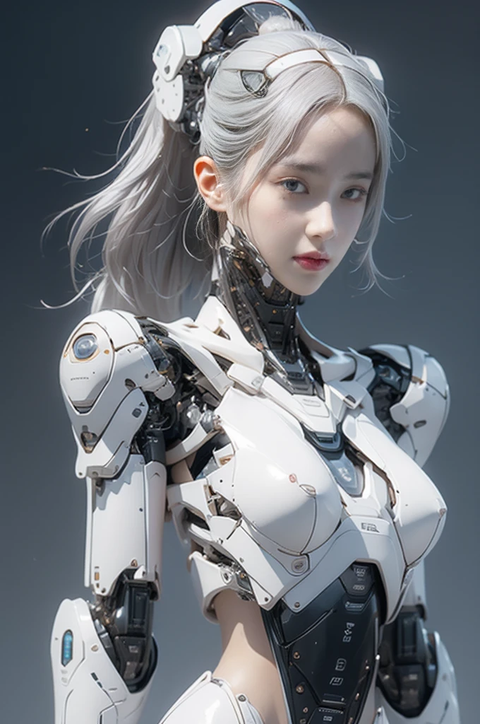 {{best quality, 1080P, Masterpiece, Ultra high resolution, photorealistic, ultra realism, Realistic skin texture, Extreme skin detail, dslr, Detailed eyes, Facing the camera, very beautiful face, Concise facial structure, Pale skin, Realistic skin texture, Extreme skin detail, oc render reflection textures, Realistic light and shadow, Single picture, alone, gray hair, The body is slim and balanced., Age 20, Height 170, naked girl, Nude, sexy pose, no underwear, A girl with the body of a mechanical robot., Transparent futuristic black glass mech armor suit, The mechanical cervix is attached to the neck., The robot circuit is stuck in the middle of the back., flat stomach, Girl with perfect robot arms and legs, full body view, Whole body photo.}}