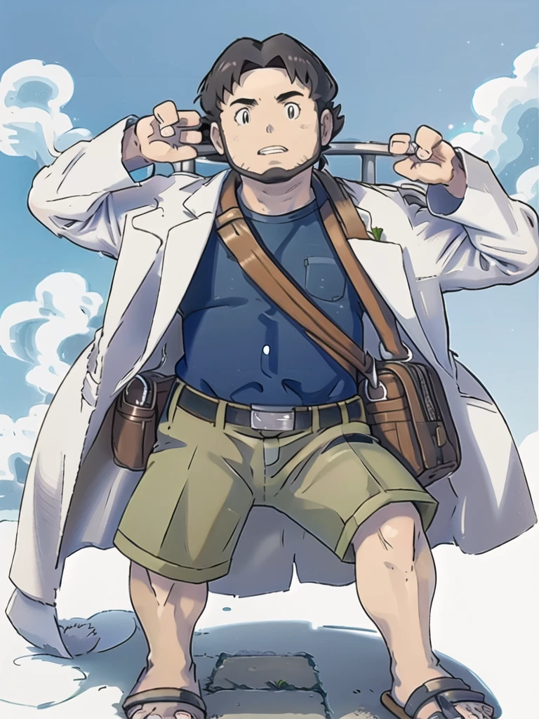 ProfessorBirch, solo, simple background, shirt, long sleeves, 1boy, standing, full body, male focus, parted lips, open clothes, shorts, teeth, belt, bag, black eyes, coat, toes, transparent background, sandals, blue shirt, clenched hand, legs apart, open coat, shoulder bag, labcoat, white coat, green shorts