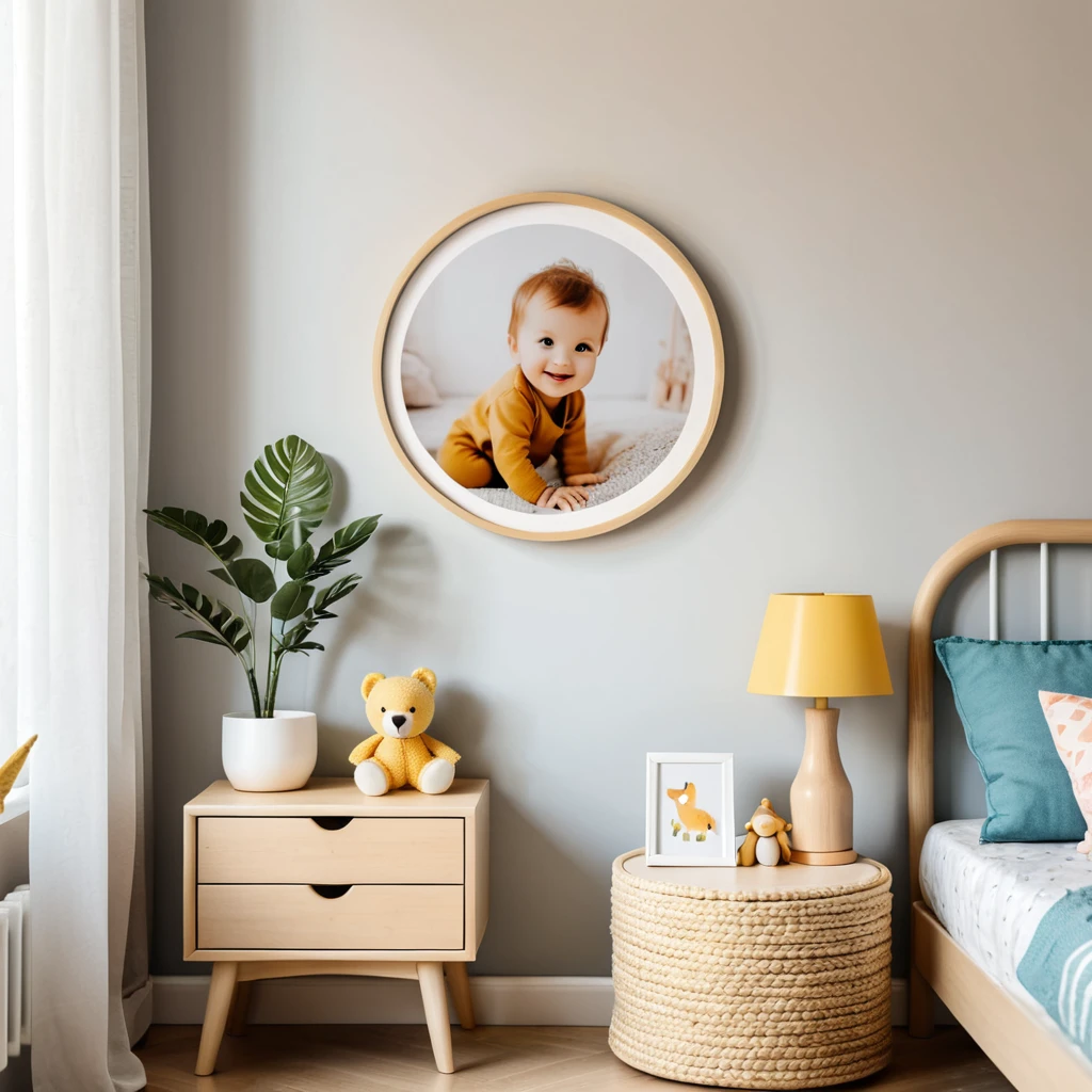 a photo inside of childrens room, a picture in a round frame on a nightstand, natural light