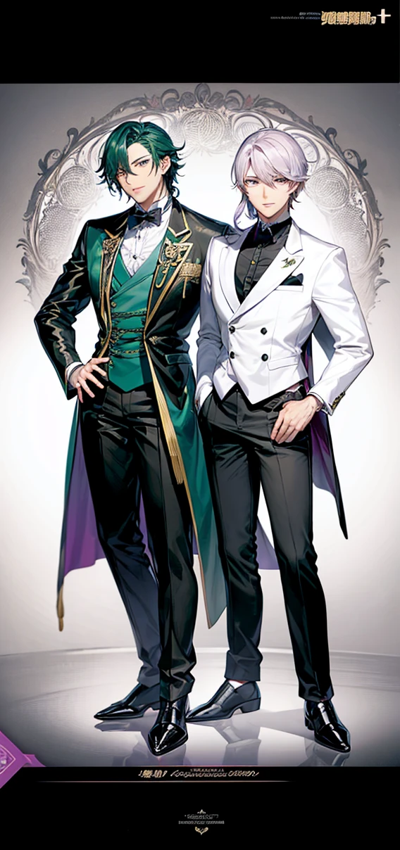 anime characters dressed in formal clothes standing next to each other, an album cover inspired by Okumura Masanobu, Trends in CG society, neo-romanticism, two handsome anime men, one man with green hair and the other man with purple hair, akehiko inoue y ross tran, two men, elegant anime key visual, beautiful androgynous prince, Sakimichan and Frank Franzzeta, androgynous prince