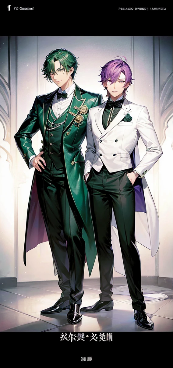 anime characters dressed in formal clothes standing next to each other, an album cover inspired by Okumura Masanobu, Trends in CG society, neo-romanticism, two handsome anime men, one man with green hair and the other man with purple hair, akehiko inoue y ross tran, two men, elegant anime key visual, beautiful androgynous prince, Sakimichan and Frank Franzzeta, androgynous prince