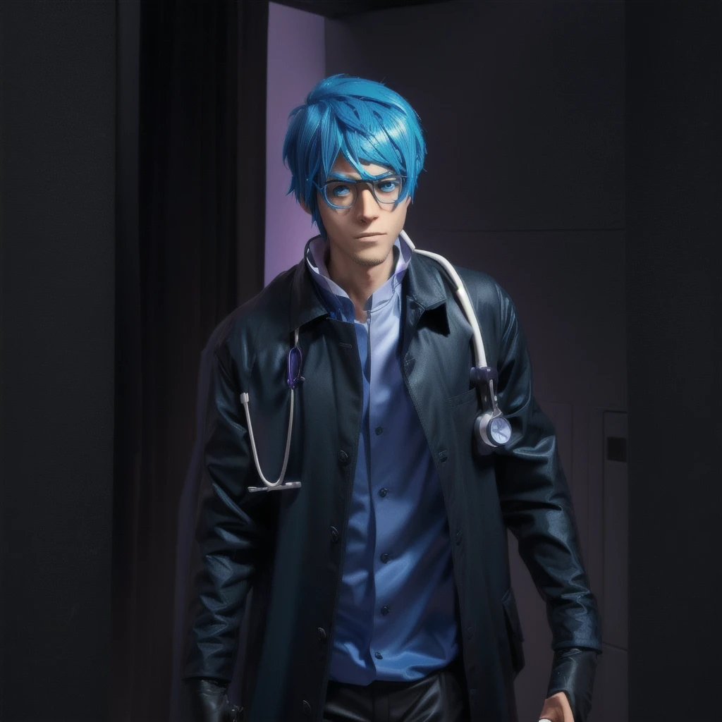 arafed male in a black coat and blue wig and glasses, 2 d anime, (doctor), 2d movie still, 2 d anime style, doctor, skinny male fantasy scientist, professional cosplay, rick sanchez in real life, the doctor, yukio - e, as an anime character, 2 d from gorillaz, 2d from gorillaz, full-cosplay