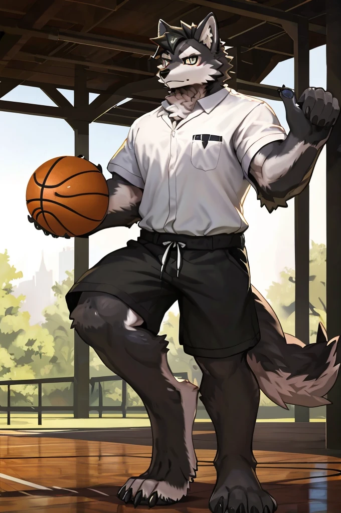 (Strong arms),(Strong legs),masterpiece, best quality, Official Art, Extremely detailed CG unified 8k wallpaper, Ultra Detailed, Best Illustration, , Ink fur, hairy male, Wolf Boy, hairy, Ink fur, 1 Boy,, male focus,, Striped hair, Wolf ears, Animal ears, Single speaker, Ink fur, Bangs, dark hair, White highlights, Medium Hair, Solitary, Ink tail,hairy尾巴,(Black pupil),High target,(campus),barefoot,(Sexy),((High target and strong)),side,(Delicate eyes:1.2),Inky eyes,male,Solitary,(Inky pupils),(Detailed face),(Sharp eyes),Permanent,(Detailed hands),(Foot details),aldult,type,Moderate,Long legs,(Detailed fingers),(Delicate eyes),(White shirt),(Black shorts),easy,Holding a basketball