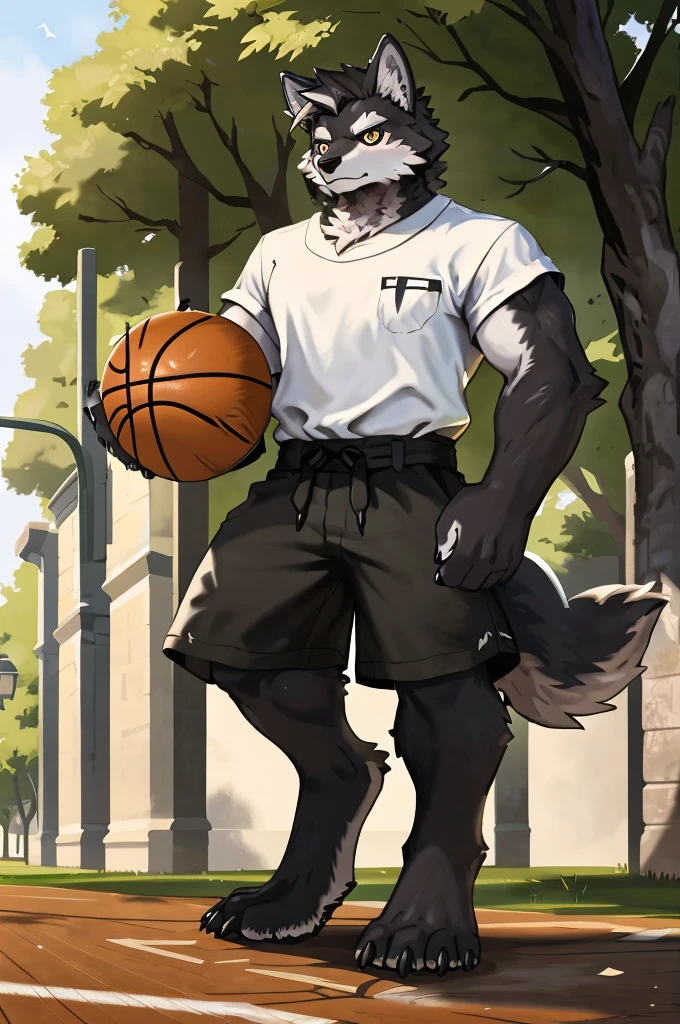 (Strong arms),(Strong legs),masterpiece, best quality, Official Art, Extremely detailed CG unified 8k wallpaper, Ultra Detailed, Best Illustration, , Ink fur, hairy male, Wolf Boy, hairy, Ink fur, 1 Boy,, male focus,, Striped hair, Wolf ears, Animal ears, Single speaker, Ink fur, Bangs, dark hair, White highlights, Medium Hair, Solitary, Ink tail,hairy尾巴,(Black pupil),High target,(campus),barefoot,(Sexy),((High target and strong)),side,(Delicate eyes:1.2),Inky eyes,male,Solitary,(Inky pupils),(Detailed face),(Sharp eyes),Permanent,(Detailed hands),(Foot details),aldult,type,Moderate,Long legs,(Detailed fingers),(Delicate eyes),(White shirt),(Black shorts),easy,Holding a basketball