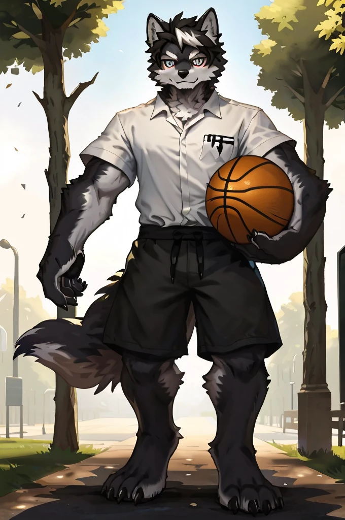 (Strong arms),(Strong legs),masterpiece, best quality, Official Art, Extremely detailed CG unified 8k wallpaper, Ultra Detailed, Best Illustration, , Ink fur, hairy male, Wolf Boy, hairy, Ink fur, 1 Boy,, male focus,, Striped hair, Wolf ears, Animal ears, Single speaker, Ink fur, Bangs, dark hair, White highlights, Medium Hair, Solitary, Ink tail,hairy尾巴,(Black pupil),High target,(campus),barefoot,(Sexy),((High target and strong)),side,(Delicate eyes:1.2),Inky eyes,male,Solitary,(Inky pupils),(Detailed face),(Sharp eyes),Permanent,(Detailed hands),(Foot details),aldult,type,Moderate,Long legs,(Detailed fingers),(Delicate eyes),(White shirt),(Black shorts),easy,Holding a basketball