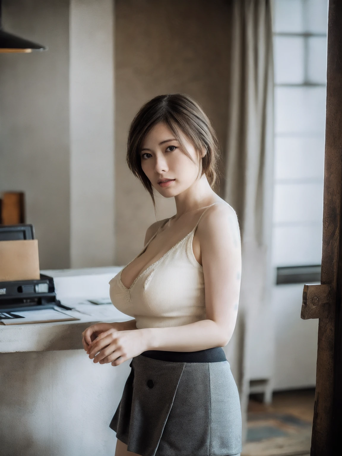 1girl, woman, masterpiece, best quality, highest quality, cinematic lighting, (volumetric lighting), extremely detailed CG unity 8k wallpaper, focused, 8k wallpaper, extremely detailed, ultra realistic, photorealistic, sharp focus, absurdres, (HDR:1.2), (high contrast), photograph, detailed and intricate, instagram, portrait, highly detailed, digital painting, artstation, concept art, smooth, sharp focus, illustration, cinematic lighting, (natural big breast), black short skirt, eyes looking at the viewer, ((medium shoulder)), (skinny legs), (slender body), (((height 163cm))), (HQ skin:1.4, Realistic human body structure), (Full body:1.4), (aerial shot photo), (wearing knit tank top, short skirt), (real skin of thighs)