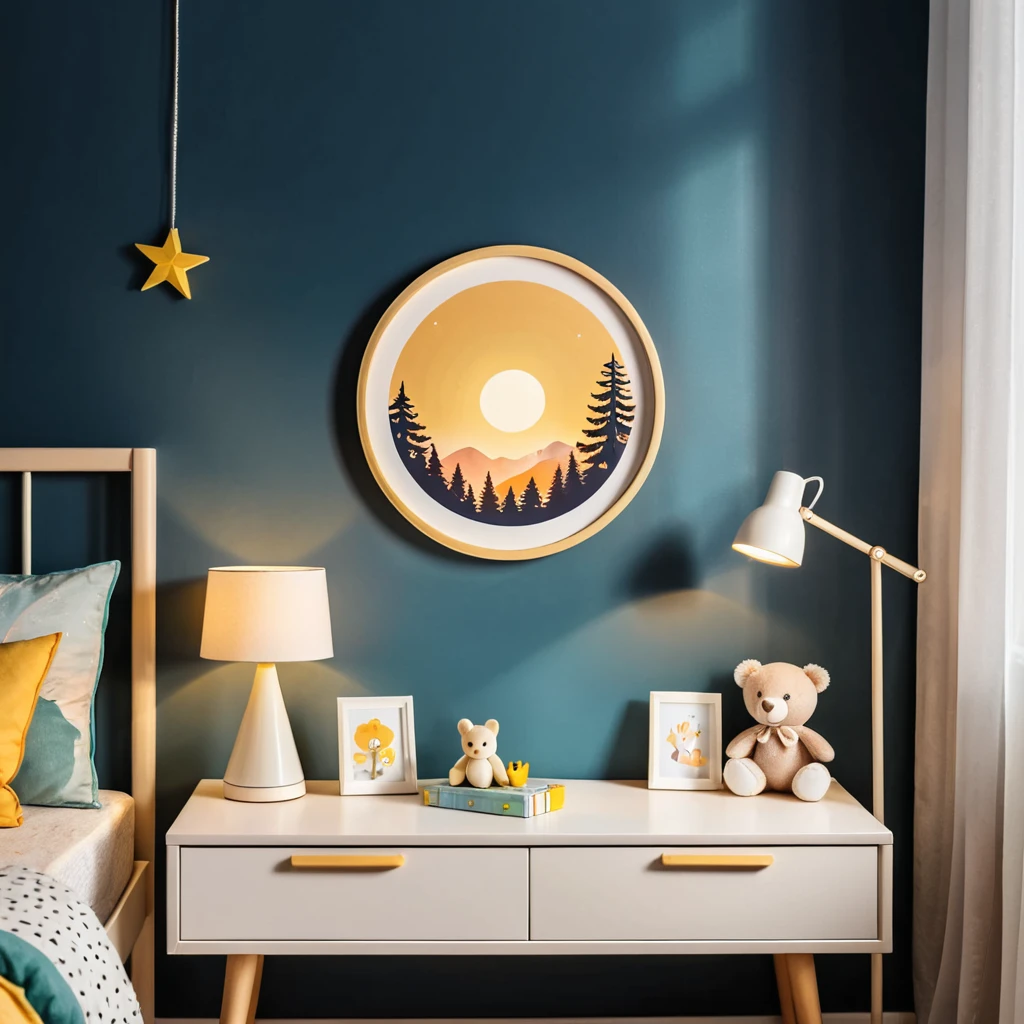 a photo inside of childrens room, a picture in a round frame on a nightstand, radial evening light