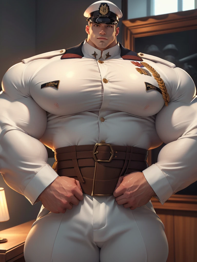 best quality,masterpiece,1boy, men,A handsome,mature man. Looking at viewer, model shot. Brutalmass, giant, muscular physique, bulk. His features are well-proportioned and symmetrical,giving him a classic and handsome appearance. He is dressed in a custom-fitted white army uniform, consisting of a custom-fitted white military uniform and a military cap. Overall,the man exudes charisma,charm,and an air of sophistication and refinement.,Gothic,skyscraper,wood,