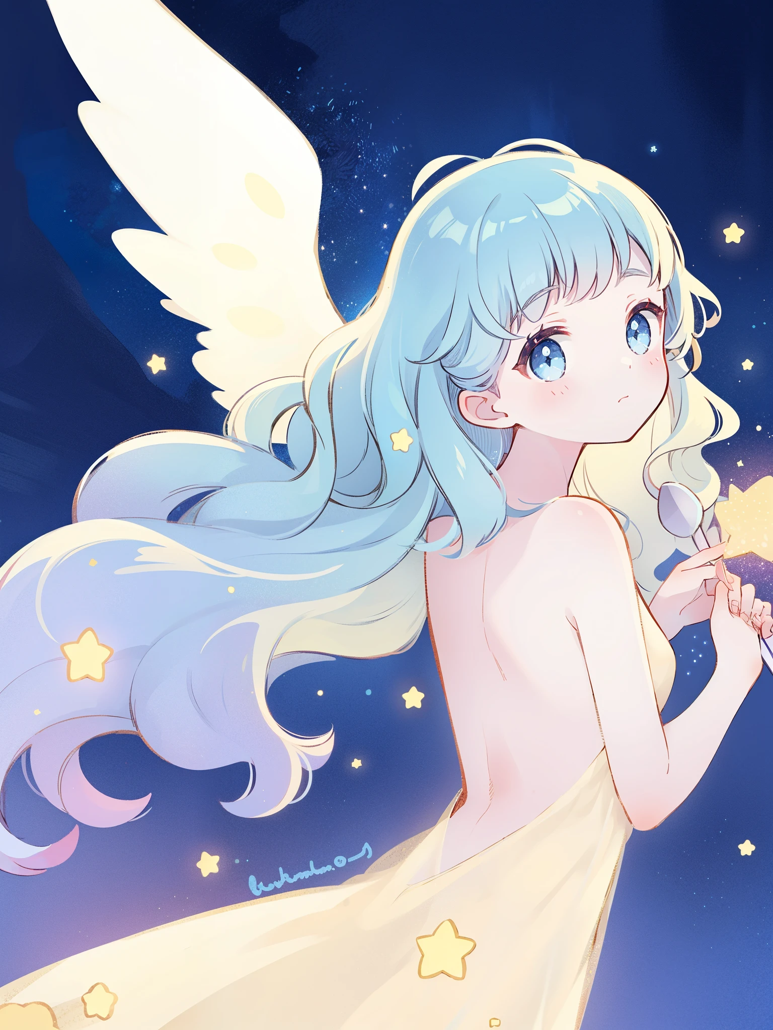 nude angel girl wearing an ethereal translucent dress, pale skin, ((wavy blue gradient hair)), feathers 1:2, stars 1:3, angel wings, sparkling detailed eyes, golden ratio face, perfect composition, highly detailed, ethereal, (starry night sky background), midjourney style