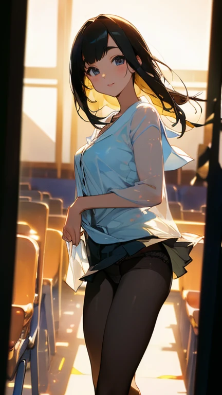 (Browsing Caution:1.3), ((Highest quality, masterpiece, 8K, High resolution, detailed)), ((A photo of a high school girl wearing see-through panties)), ((A high school girl standing with her legs open in black pantyhose)), Blazer uniform, The wind has blown her skirt up, exposing her underwear, 15 year old high school girl, Beautiful and firm breasts, Beautiful and distortion-free face, Young and cute gravure idol, Realistic young gravure idol, Young and thin gravure idol, Japanese Goddess, (Natural Side Lighting, Cinema Lighting), Written boundary depth, Looking at the audience, Front view, 1 Girl, Asian, ((Bob Hair)), Perfect Face, Cute symmetrical face, Pale skin, Shiny skin, Asymmetrical bangs, Big eyes, Droopy eyes, Long eyelashes, thin, Beautiful Hair, Beautiful Face, Beautiful and beautiful eyes, Beautiful clavicle, Beautiful body, Beautiful breasts, Beautiful thighs, Beautiful legs, Beautiful fingers, (Beautiful views), evening, Droopy eyes, 