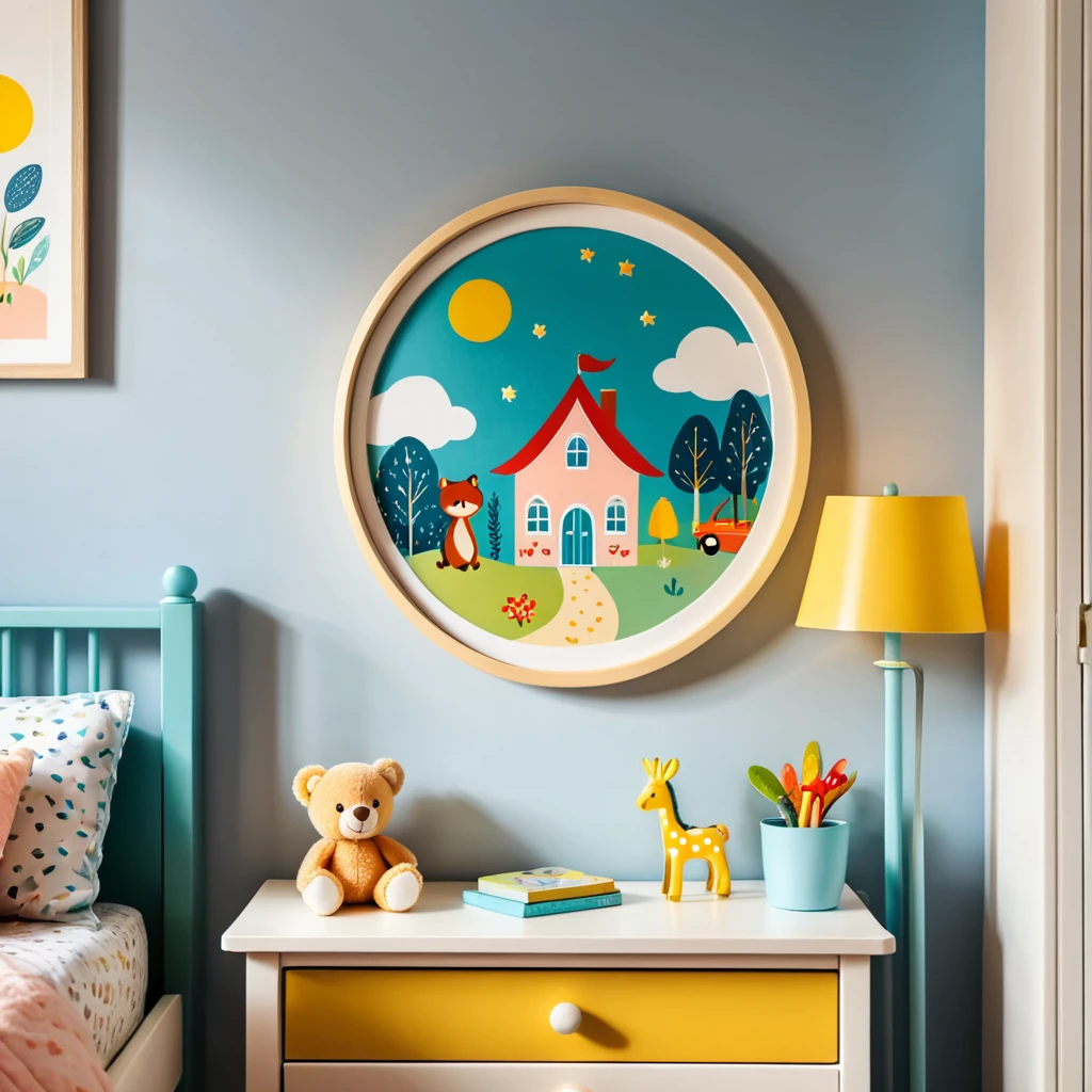 a photo inside of childrens room, a picture in a round frame on a nightstand, morning light
