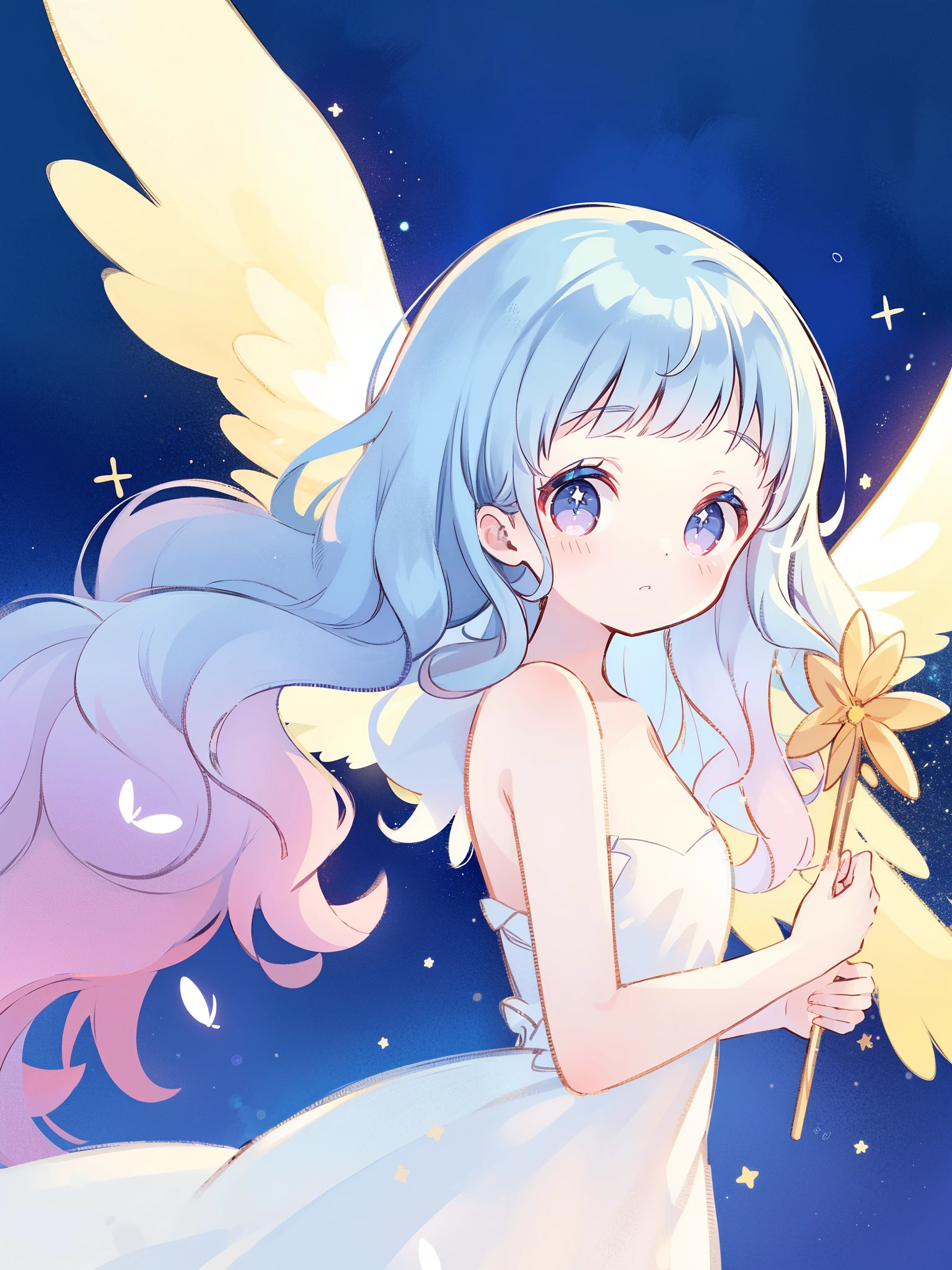 nude angel girl wearing an ethereal translucent dress, pale skin, ((wavy blue gradient hair)), feathers 1:2, stars 1:3, angel wings, sparkling detailed eyes, golden ratio face, perfect composition, highly detailed, ethereal, (starry night sky background), midjourney style