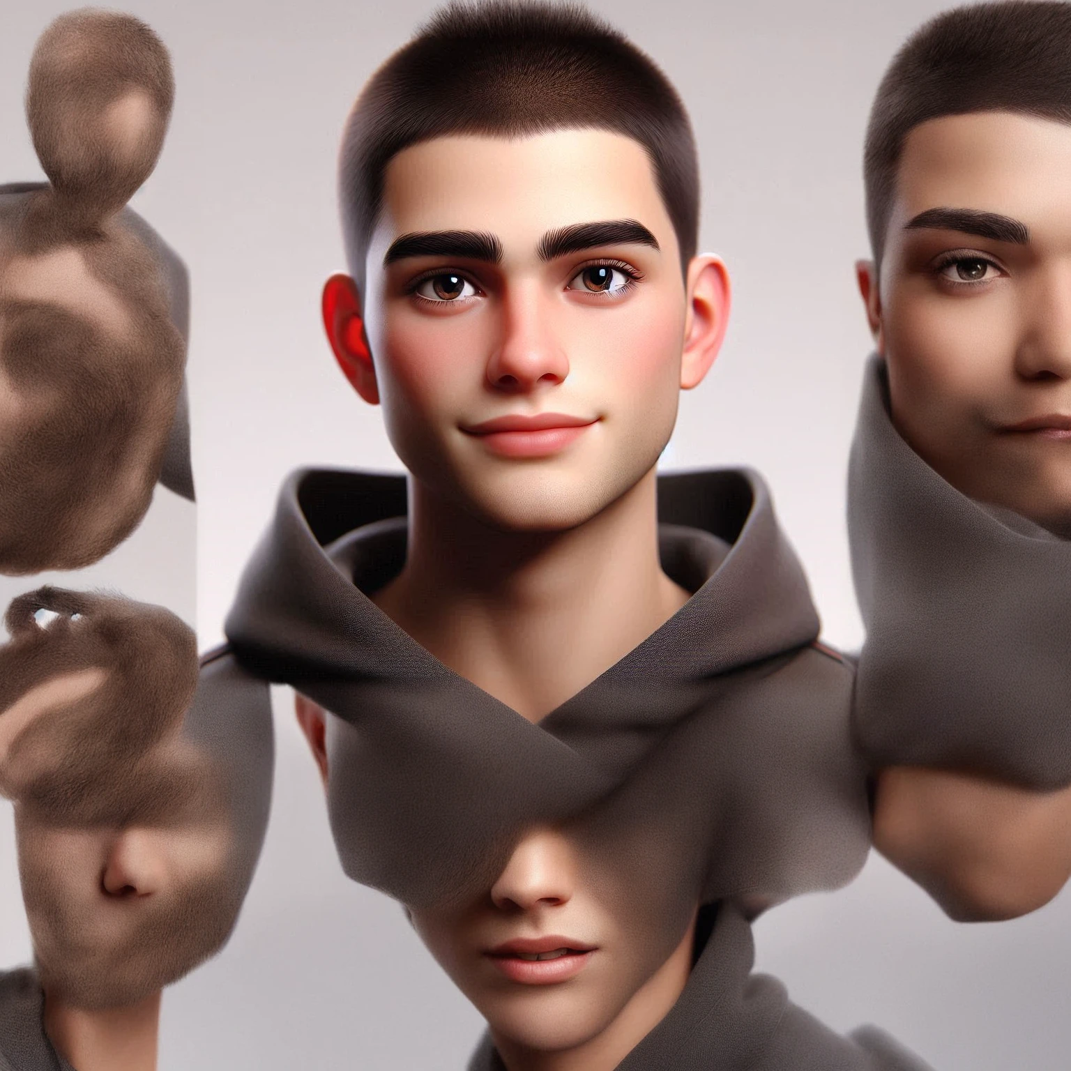 A young man with short, buzz-cut dark brown hair, round face, expressive dark brown eyes, thick and well-defined eyebrows, small to medium slightly rounded nose, full lips with a friendly and warm smile, medium and rounded ears slightly sticking out, wearing a casual hoodie with a hood adjusted around the neck, overall posture upright showing confidence and warmth, skin with a smooth and slightly shiny appearance, adding subtle texture details to hair and clothes for a more realistic touch while maintaining a cartoon style.