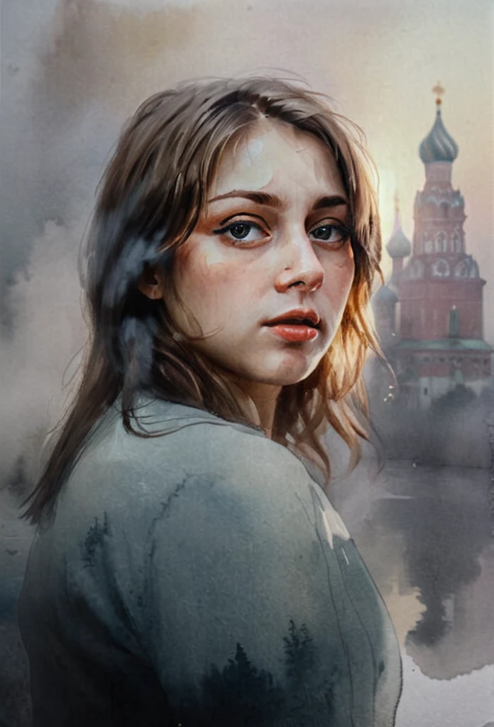 High Quality ,ultra detailed,portrait, Beautiful picture of A painting of a girl russian beauty, Fog, cinematic shot, haze lighting, 16k, uhd, blurry masterpiece,cinematic, epic,  watercolor, 