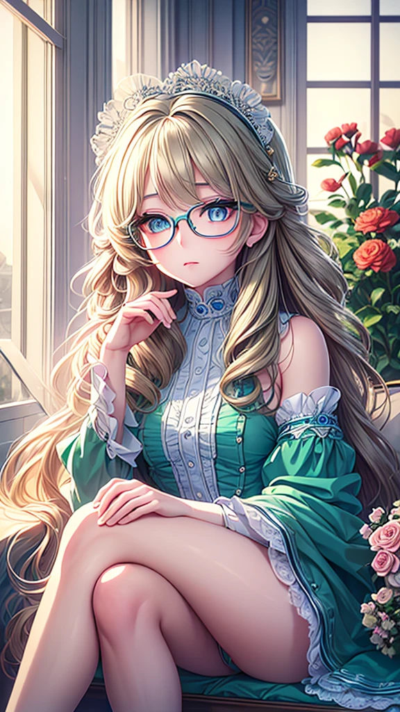 ((best quality)), ((masterpiece)), (detailed), une fille, visage parfait, Longhaire, ((golden hair)), curly hair, decorated cheveux, ultramarine blue eyes, ((((Exquisite artistry, maximum detail, ultra-high definition)))), 1girl, nature lover, sitting, (long brown hair:1), ((glasses:1)), ((green eyes:1.2)), ((glowing_eyes:0.5)), (((ultra detailed eyes:0.8, detailed face, beautiful eyes))), ((close-up)), (half-length shot), side view, facing left, (((garden, flowers:0.9))), build, leaning forward, ((gazing at flowers)), ((gloved hands:1)), (((head, hands in view, elbows, knees in view))), ((crossed legs)), tired yet content expression, soft lighting, indoor, indoors, background, (((defined subject))), 23 years old, ((calm)), (((warm)))