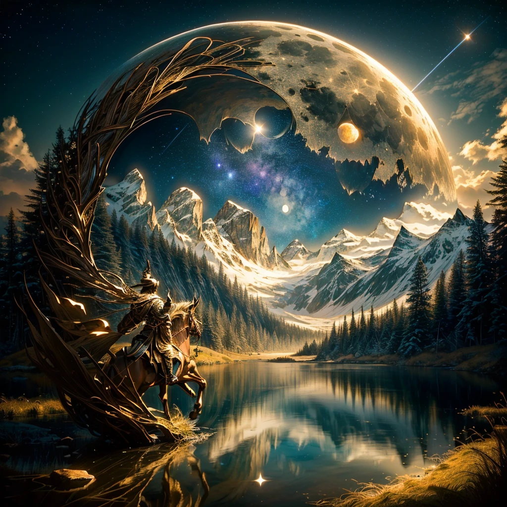 wood egg art, a tranquil mountain lake under moonlight, double exposure, as a portal to another world, night, full moon, many stars, around mountain, breathtaking beauty, unique, the most captivating masterpiece you have ever seen, stunning, award winning, perfect composition, highly detailed