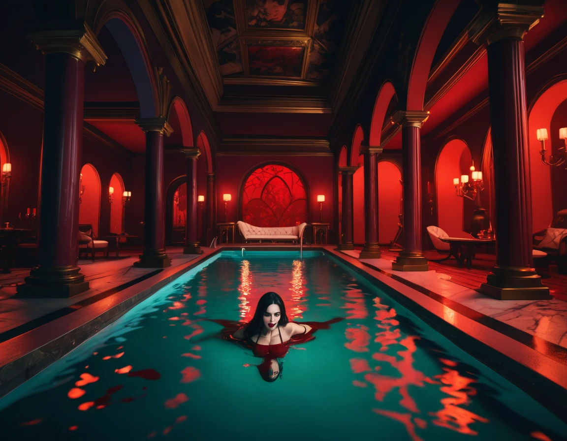 a picture of a female vampire in an infinity pool of blood watching the city at night, (Masterpiece, intense details: 1.5 ), exquisite, dreadful beautiful vampire, long black hair, intense green eyes, evil smile, fangs, busty sitting near a large infinity pool of dark ((red blood: 1.2)) there are  stone steps leading to the pool, lit by candles, elegant pool rim, (falls of blood fill the pool: 1.3), there is a crystal glass of wine near the vampire, she is wearing glamour black bathing suit, high detail, Conceptual art, Realism, cinematic lighting, moon light, reflection light, from side, panorama, ((anatomically correct:1.5))Ultra-Wide Angle, Wide-Angle, award winning, best quality, high quality, high details, highres, vibrant, Ultra-high resolution, High Contrast, (masterpiece:1.5), highest quality, Best aesthetics), best details, best quality, highres, ultra wide angle, 16k, [ultra detailed], masterpiece, best quality, (extremely detailed), Blood_Covered, vampire teeth, Dark Art Painting Style, chumbasket art style