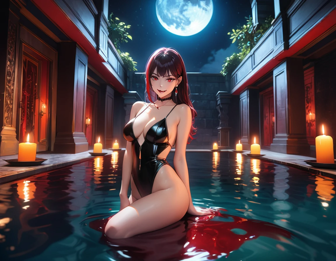 a picture of a female vampire in an infinity pool of blood watching the city at night, (Masterpiece, intense details: 1.5 ), exquisite, dreadful beautiful vampire, long black hair, intense green eyes, evil smile, fangs, busty sitting near a large infinity pool of dark ((red blood: 1.2)) there are  stone steps leading to the pool, lit by candles, elegant pool rim, (falls of blood fill the pool: 1.3), there is a crystal glass of wine near the vampire, she is wearing glamour black bathing suit, high detail, Conceptual art, Realism, cinematic lighting, moon light, reflection light, from side, panorama, ((anatomically correct:1.5))Ultra-Wide Angle, Wide-Angle, award winning, best quality, high quality, high details, highres, vibrant, Ultra-high resolution, High Contrast, (masterpiece:1.5), highest quality, Best aesthetics), best details, best quality, highres, ultra wide angle, 16k, [ultra detailed], masterpiece, best quality, (extremely detailed), Blood_Covered, vampire teeth, Dark Art Painting Style, chumbasket art style