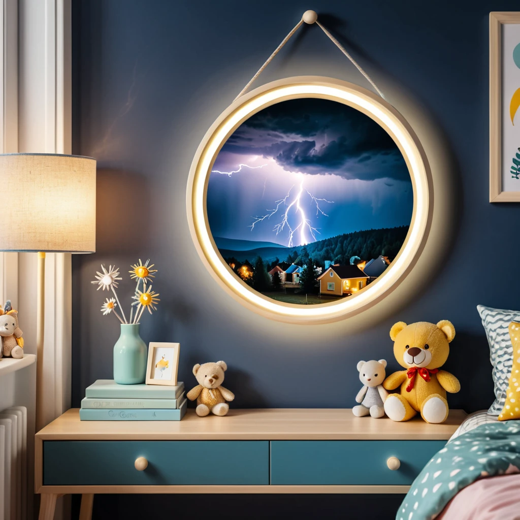 a photo inside of childrens room, a picture in a round frame on a nightstand, atmospheric lightning