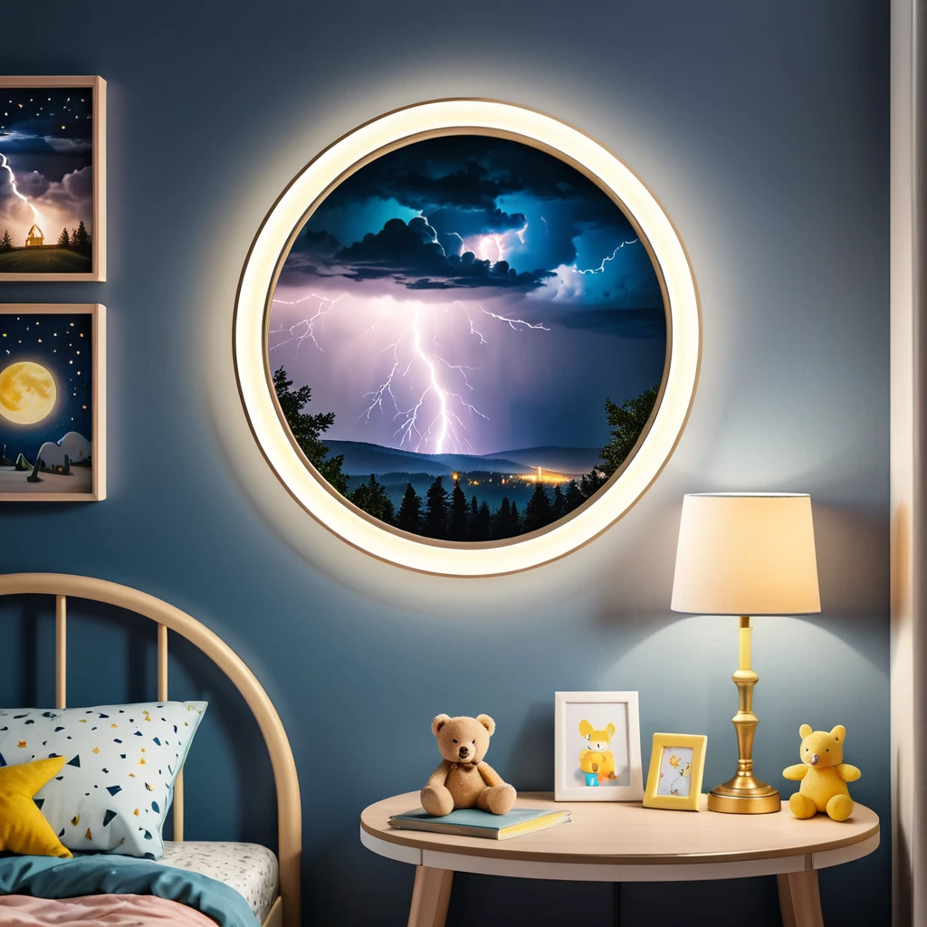 a photo inside of childrens room, a picture in a round frame on a nightstand, atmospheric lightning