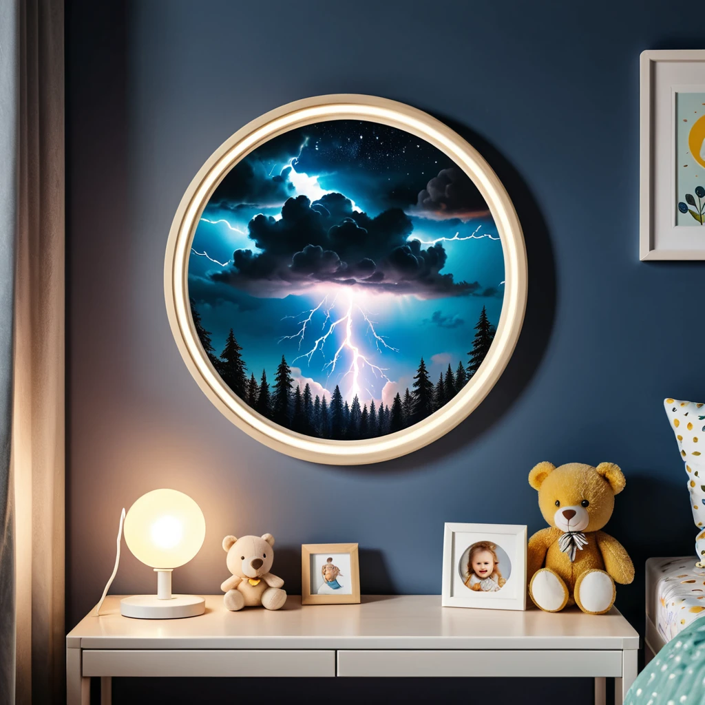 a photo inside of childrens room, a picture in a round frame on a nightstand, atmospheric lightning